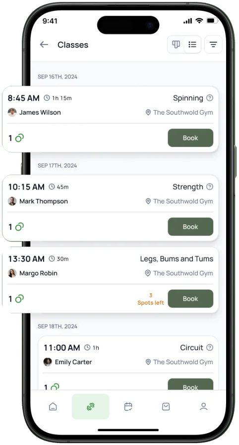The Southwold Gym app displaying the class timetable and booking options on an iPhone